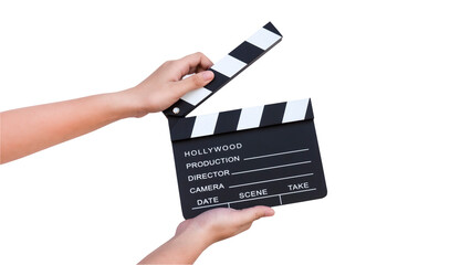 hand holding movie clapper board isolated on white background with clipping path, copy space for...
