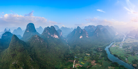 Aerial view of beautiful mountain and water natural scenery in Guilin, China. Guilin is a world...