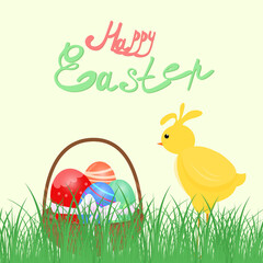cute yellow chicken is looking at a basket of Easter eggs on the lawn in the grass. A postcard template with the text of Happy Easter. Cartoon vector illustration in flat style
