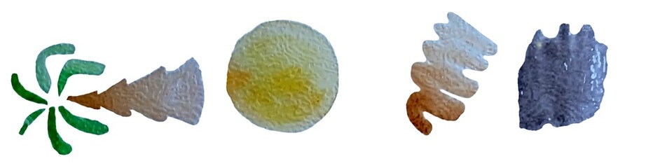 Watercolor palm tree, sun, brown and gray spots. Set of watercolor objects