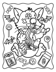 Halloween coloring page. Cat with a bowl of food. Terrible animals. Horror. Kawaii. Witch animals. Black and white illustration.
