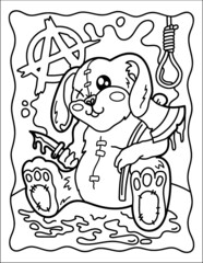 Halloween coloring page. Mad rabbit. Blood. Terrible animals. Horror. Kawaii. Witch animals. Black and white illustration.
