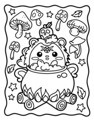 Coloring book for children. Coloring book for adults. A cute hedgehog sits in a cauldron. Magic. Mushrooms. Halloween.