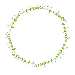 Spring frame made of small blue wildflowers. Easter circle template. Gently green shoots of leaves. Vector stock illustration of a summer wreath. Isolated on a white background.