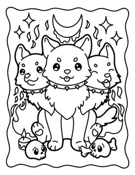 Halloween coloring page. Dog with 3 heads. Horror stories. Witch animals. Black and white illustration.