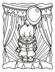 Clown with a balloon in the circus. Coloring book for children. Coloring book for adults. Halloween. Coloring book for Halloween. Cute horror movies.