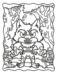 Werewolf. A werewolf in the forest. Coloring book for Halloween. Coloring book for children and adults. Spooky coloring. Halloween.