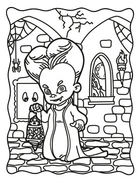 Coloring book for children. Count Dracula in the castle. Coloring book for adults. Halloween. Coloring book for Halloween. Cute horror movies.