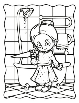 Coloring book for children. Creepy girl with a knife in the bathroom. Coloring book for adults. Halloween. Coloring book for Halloween. Cute horror movies.
