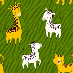 Obraz premium Vector seamless pattern with cute animals. Giraffe, tiger and zebra on a green striped background.