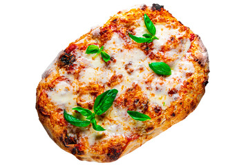 flatbread Pizza with Mozzarella cheese, Tomatoes, pepper, Spices and Fresh Basil. Italian pizza....