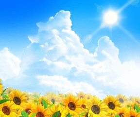 Fototapeta 入道雲のある青空に輝く太陽の下美しいひまわりが咲くひまわり畑の初夏フレーム背景素材
 obraz