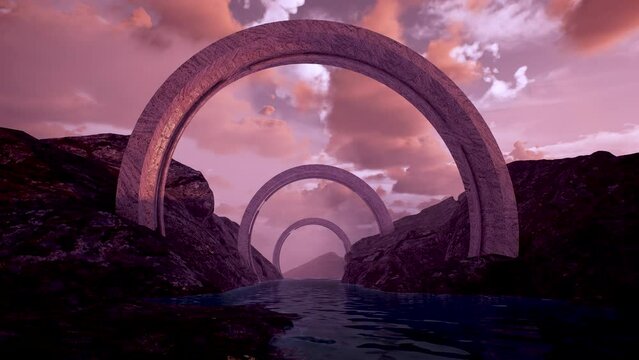 Landscape of fictional world metaverse with pink sky