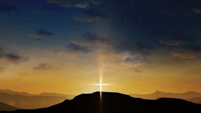 Bright cross on the hill with clouds moving on the starry sky. Easter, resurrection, new life, redemption concept. Seamless looping background 4k