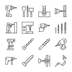 Drill icons set. Drills and drill bits, perforator, icon collection. Application of the tool. Drilling walls and objects. Line with editable stroke