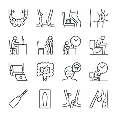 Hemorrhoids icons set. Piles, icon collection. Inflammation of vascular formations and pain in the anus. Line with editable stroke