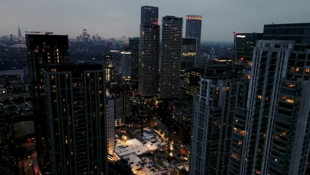 Drone shot of Canary wharf during sunset in winter