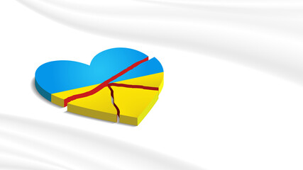 Vector 3d broken heart in the colors of the Ukrainian flag on a white wavy background. Sample politics poster