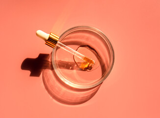 Laboratory glass petri dish with pipette and drop of water, serum, oil, beauty product. Natural medicine, cosmetic research, bio science. Skincare and analysis concept. Dermatology. Flat lay, top view