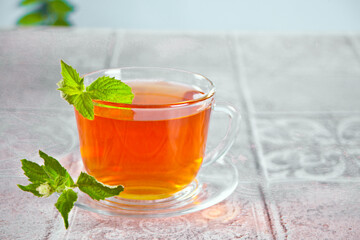 Cup of herbal mint tea. Copy space.