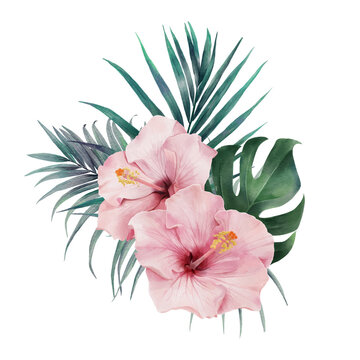 Digital watercolor painting bouquet with Hibiscus flowers, Palm leaves, Monstera Deliciosa Leaf.