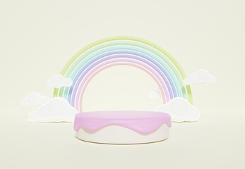 3D rendering of colorful pastel clouds and rainbow with empty space for kids or baby food products.