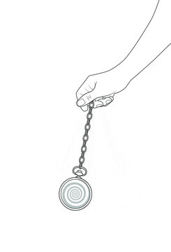 Hypnotic pocket watch. Stopwatch for hypnosis. Hanging pocketwatch with chain. Line graphic vector simple illustration hipnotize session watch stock image