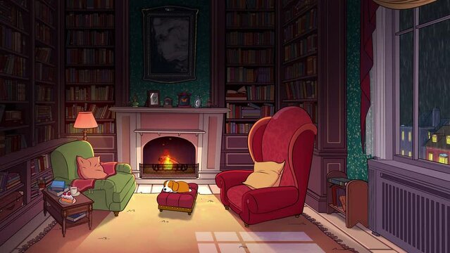 A cup of hot tea, reading a book in front of the fireplace on a cozy Rainy Night Ambience.  Sweet Dog Sleeping Next To Fireplace. Loop Animation Video For LoFi Music and Live Wallpaper	