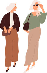 Modern Senior Women Friends Walking Cartoon Illustration