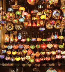 decorative and colorful hanging lamps in grand bazaar in istanbul, turkey