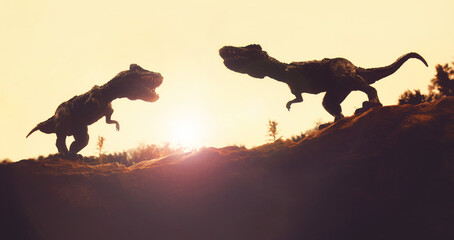 Two Tyrannosaurus Rex dinosaurs fighting on a cliff