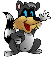 Blue-eyed Smiling Raccoon with a Raised Paw - Colored Cartoon Illustration Isolated on White Background, Vector