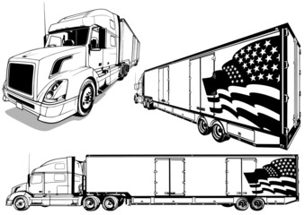Set of Drawings of an American Truck with a Trailer