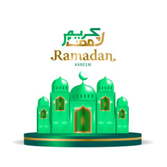 Realistic mosque on podium for ramadan kareem background