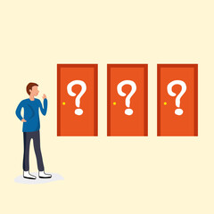 Young man choosing the right door.  Problem of choice. Vector flat design illustration. 