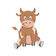Fototapeta premium Vector cartoon brown cow sitting. A cow with white spots on a white background is isolated