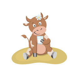 Obraz premium A cartoon brown cow is sitting in a meadow with a glass of milk. A vector cow with white spots and a daisy on its head on a white background is isolated