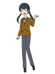 ズボンの制服の案内をするポーズの女子高生の全身のイラスト