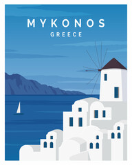 Obraz premium Mykonos greece Vector Illustration Background. Flat Cartoon Vector Illustration in Color Style. suitable for card, poster, art print