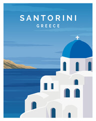 Santorini Island, Greek Aegean Sea. travel to greece. landscape travel background, card, travel poster, postcard, flyer, art print. - obrazy, fototapety, plakaty