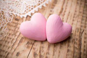 Pink heart on the wooden background. Provance still.