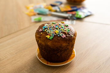 Homemade Easter cake with with traditional decoration , Easter recipe