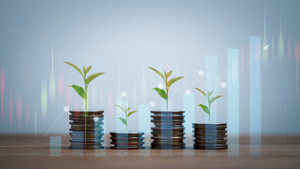 Coin bar chart for finance and business, finance, banking, money saving, tree growing on coin,...