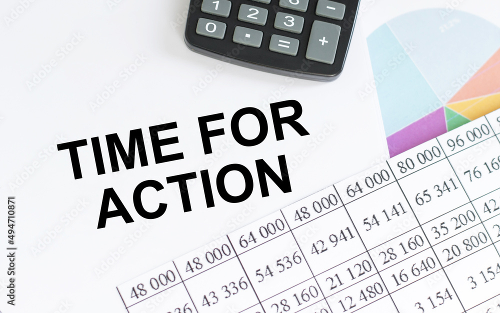Poster a white card with time for action text on a white notepad on the table, business concept