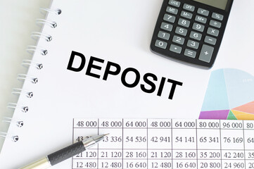 Deposit text on a notepad on a table with reports, calculator and pen, business and finance concept