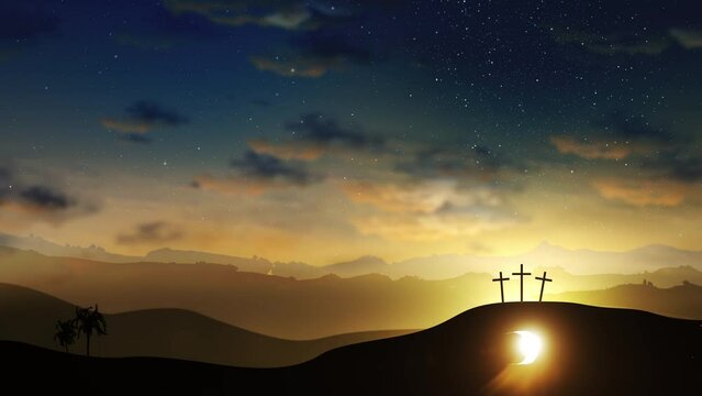 Three crosses on the hill and Jesus tomb with clouds moving on the starry sky. Easter, resurrection, new life, redemption concept. Seamless looping background 4k