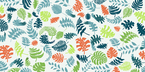 Background with exotic jungle plants. Tropical palm leaves. Rainforest illustration, multicolored on white.