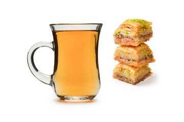 Turkish sweet baklava with turkish tea isolated on white background. .