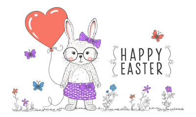 Happy Easter slogan lettering with cute rabbit girl, hare, balloon heart, flowers, butterfly. Easter Greetings illustration