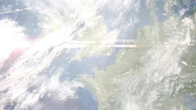 Earth zoom in from outer space to city. Zooming on Portsmouth, Great Britain. The animation continues by zoom out through clouds and atmosphere into space. Images from NASA